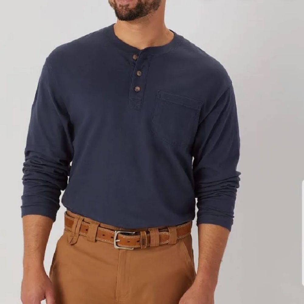 Duluth Trading Co Men’s Cotton Longtail T Long Sleeve Henley Navy Shirt